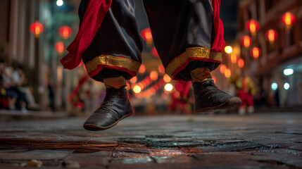 Vibrant Macau Golden Dragon Dance Festival Celebration at Night with Dancers in Traditional Costumes