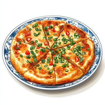 Chinese scallion pancake cong you bing national cuisine dish isolated on white background, colorful cartoon illustration