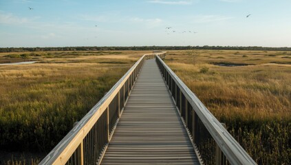Nature preserve boardwalk during winter in Corpus Christi Texas draws various bird species, seasonal change