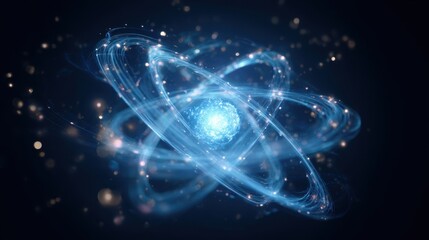 The Atom Glowing Energy Core with Orbiting Electrons and Light Trails
