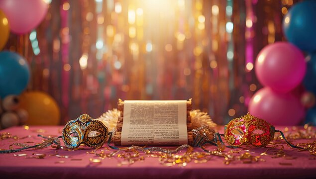 Decorative masks and costumes for Purim, highlighting traditional holiday festivities and vibrant designs