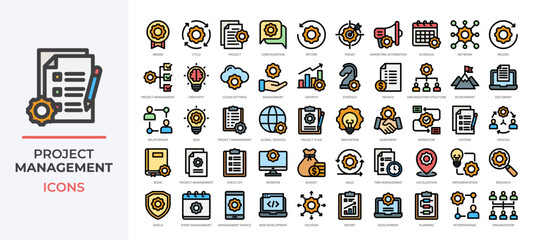 Project Management icons collection set covering planning, workflow, teamwork, productivity tools and more. Perfect for business strategy, scheduling, reports, organization systems and more.