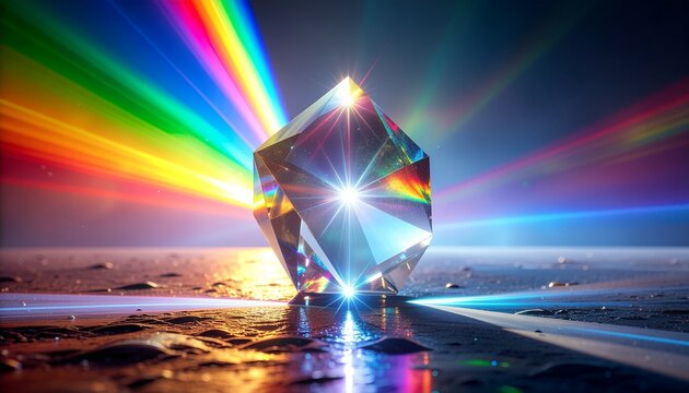 A large crystal prism stands on a reflective surface refracting light into a rainbow spectrum