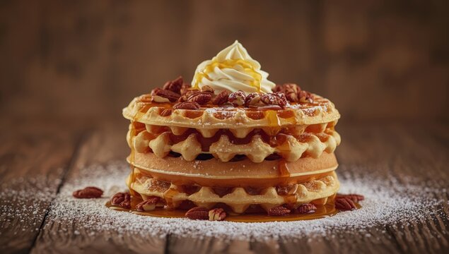 Detailed view of waffles topped with powdered sugar, pecans, and whipped cream, highlighting dessert appeal, National Pastry Day - Powered by Adobe