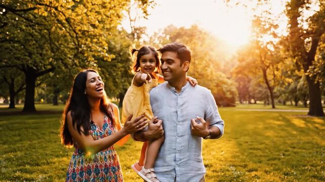 A Family's Golden Moment in Park: A radiant family, a daughter, mom, and dad, creates a memory on a sunny afternoon in a park, laughing and enjoying togetherness in a verdant setting.