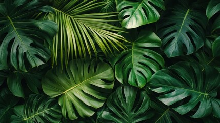 Tropical leaves arrangement with monstera and palm foliage in various shades of green