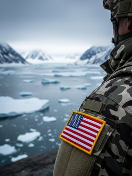 Close-up of a US soldier patch overlooking a vast Greenland landscape with icebergs and mountains. Conceptual imagery for American military strategy and Arctic geopolitical interests.