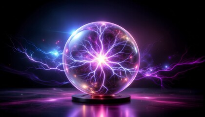 A glowing plasma ball emits vibrant purple and blue electrical discharges on a dark reflective surface