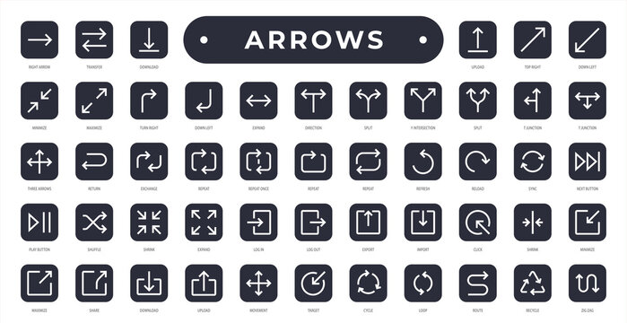 Arrow icon set collection, featuring navigation, direction, transfer, refresh, sync, movement, and interface actions for web, app, UI, and marketing design.