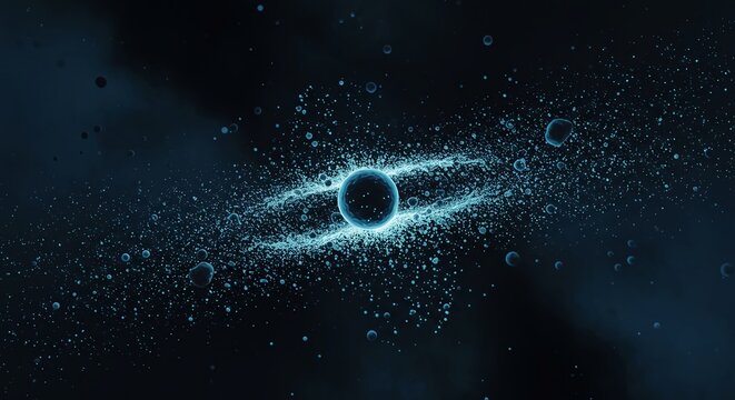 Abstract visualization of a gravitational disruption field, where scientific particles float freely in a chaotic, weightless void of deep space, space void, theoretical physics, floating