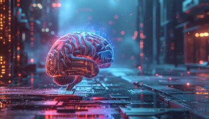 Obraz premium A futuristic brain stands on a metallic surface surrounded by neon lights in a cityscape at dusk from a low angle.