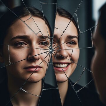 Woman with broken glass reflection showing two faces and emotions.