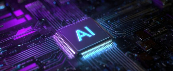 The AI chip glows on a futuristic circuit board with neon lights