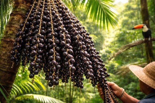Close up of acai fruits on a palm tree highlighting tropical biodiversity and ethical farming practices
