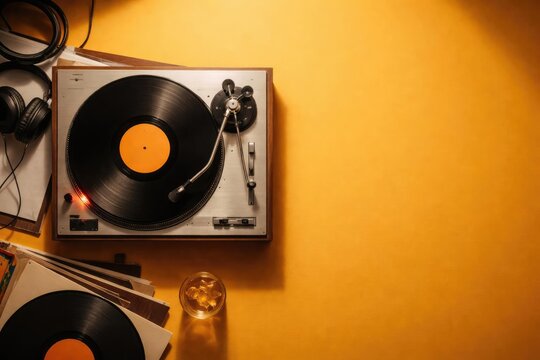 Yellow background setting with an overhead shot of a turntable and vinyl record plus space for text