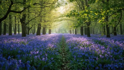 Wide-angle shot of a bluebell forest in full blossom, featuring dense bluebell clusters and lush young leaves, Earth Day