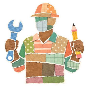Paper collage illustration of construction worker holding wrench and pencil