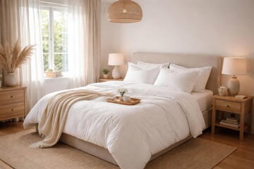 Fototapeta premium Freshly made bed in a calm room for enhanced sleeping comfort