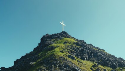 Religious cross placed on mountain summit serving as a marker for faith and spiritual journeys, World Religion Day