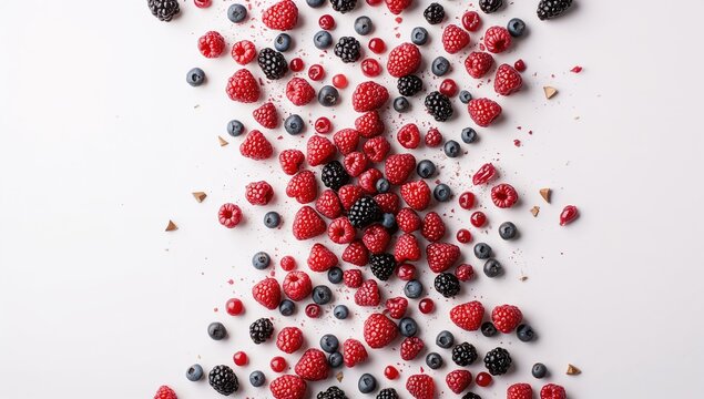 Abstract background with vibrant wild berries including raspberries, blackberries, and bramble, used for food and drink design