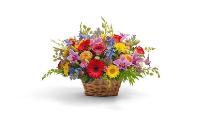 Fototapeta premium Bright floral arrangement in a baby basket used as a decorative centerpiece, ideal for UI background or layout design