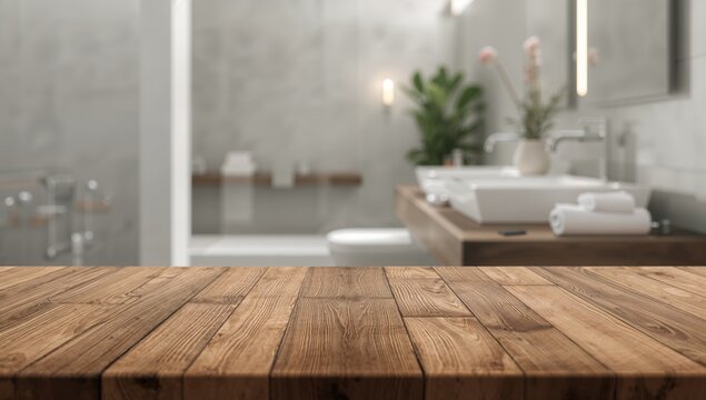 Wooden tabletop against a soft-focused bathroom scene, serving as a background for product display setup