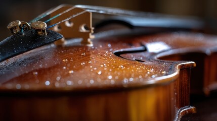 The Violin Covered in Water Droplets on a Polished Wooden Body closeup