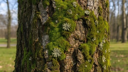 Obraz premium Detailed view of moss growing on maple tree bark highlighting organic textures for environmental display