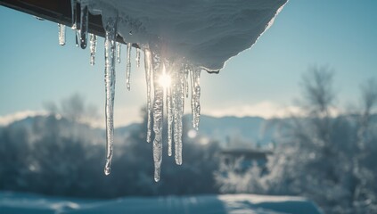 Transparent ice formations with long icicles, highlighting natural freezing processes