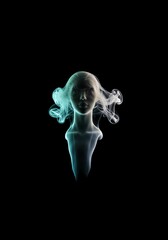 Ethereal vaporous form suspended in deep shadowy space, suggesting a non-physical presence or forgotten memory, modern, mystery, muted