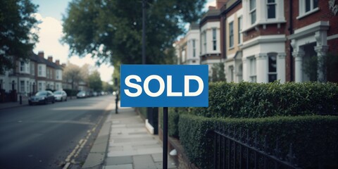 Fototapeta premium Sold sign on a London residential street highlighting real estate transaction, urban setting