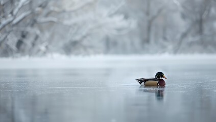 Wild duck resting on frozen water during winter, highlighting natural habitat and seasonal change, Winter Solstice