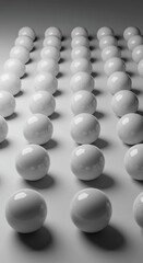 Identical white spheres arranged in a perfect grid, demonstrating precise alignment and absolute stillness on a blank surface, symmetry, sterile, array