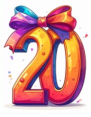 Number 20 wrapped with a festive ribbon on a white background. Image for birthday or anniversary party