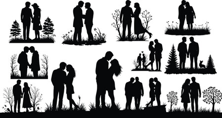 Silhouettes of couples embracing and holding hands in various romantic scenes with trees and grass