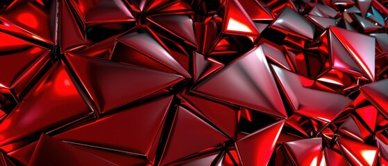 Close-up texture polygons triangle metallic dark red glossy light reflection.