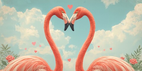 Pair of flamingos with their necks intertwined to create a heart shape, highlighting social behavior, World Bird Day