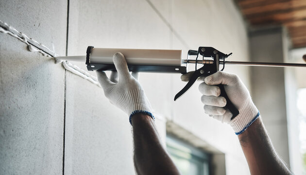 コーキングガンで施工する防水作業の手元