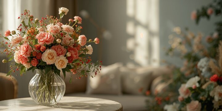 Set of fresh cut flowers prepared for home decor placement, highlighting floral arrangement and interior styling