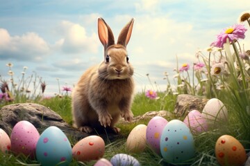 Brown rabbit standing in a spring meadow with vibrant decorated easter eggs