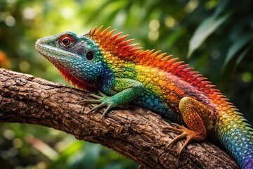 Dynamic color shifting agamidae lizard resting on textured natural branch