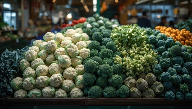 Arrangement of raw vegetables including cabbage, cauliflower, broccoli, and broccoflower for culinary preparation, freshness and variety