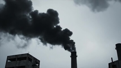 Billowing black smoke from a large industrial chimney against a bleak sky, highlighting air pollution, climate change, and environmental degradation concerns