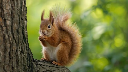Obraz premium Eurasian red squirrel perched on a tree branch with a nut, emphasizing natural foraging activity, wildlife photography