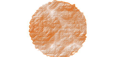 Abstract Orange Crumpled Plastic Texture, Circular Wrinkled Surface Design Element with Glowing Edges Isolated on White Background