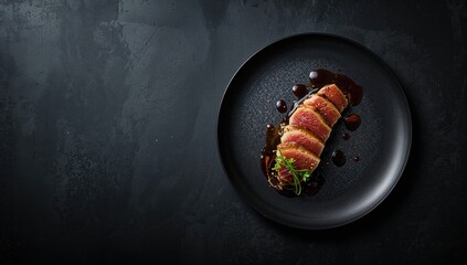 Seared tuna slices with sauce and garnish arranged on a dark backdrop, highlighting culinary techniques