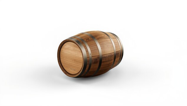 Horizontal wooden barrel positioned on a plain white backdrop, often utilized in food processing or brewing settings