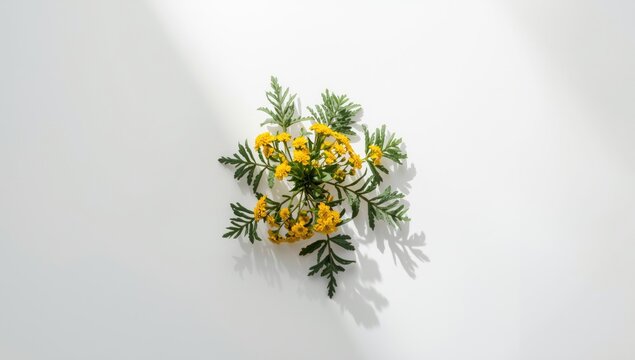 Set of tansy plant parts including flowers and leaves on a white background, highlighting herbal medicine, World Herbal Medicine Day