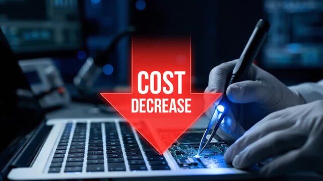 Computer Repairing Technology Cost Reduction, Decrease. Decreasing Manufacturing Costs Concept