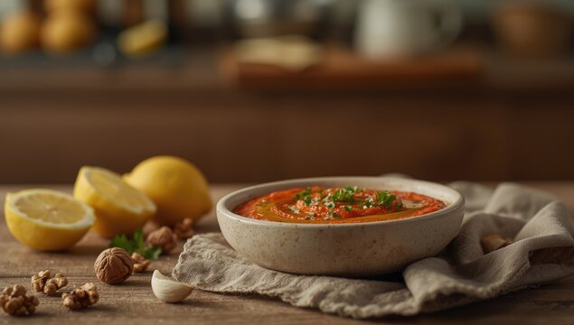 Spicy Mhammara dip originating in Aleppo, served as a condiment in Middle Eastern dishes